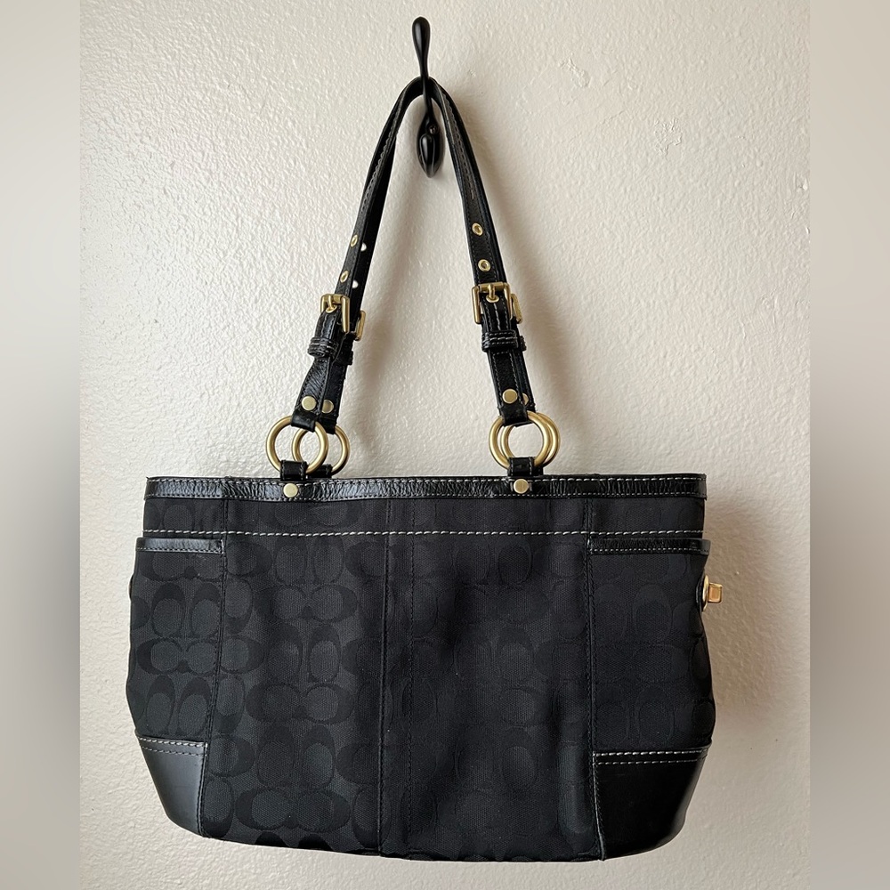 Coach Shoulder Bag Signature Canvas Black Leather